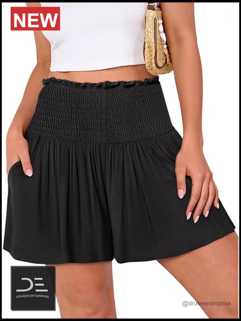 High Waist Smocked Elastic Drawstring Wide Leg Casual Lounge Shorts